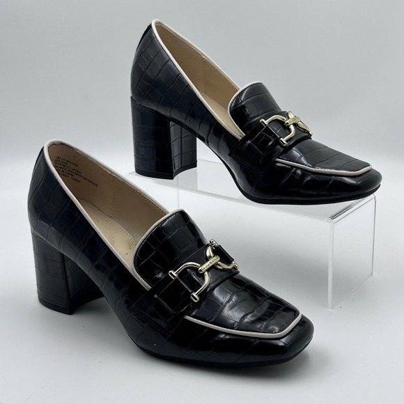 Liz Claiborne Shoes - Liz Claiborne Heeled Loafers 7 Black Croc Embossed Horsebit Preppy Officecore